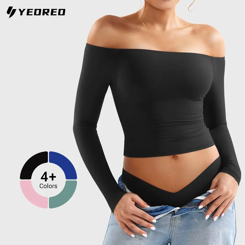 YEOREO Sophie Women Off Shoulder Long Sleeve Shirts Double Lined Basic Undershirt Y2K Going Out Tops Casual Cute Womenswear