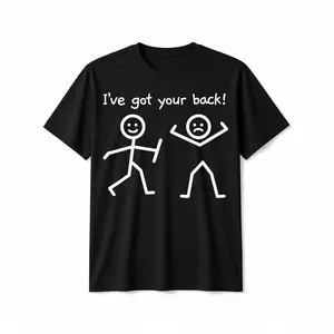 Men's Short-Sleeve Round Neck Cotton Graphic T-Shirt - Black with White "I've Got Your Back" Stick Figure Print, Lightweight Streetwear Top for Casual & Gym Use, Shortsleeve, Tshirt