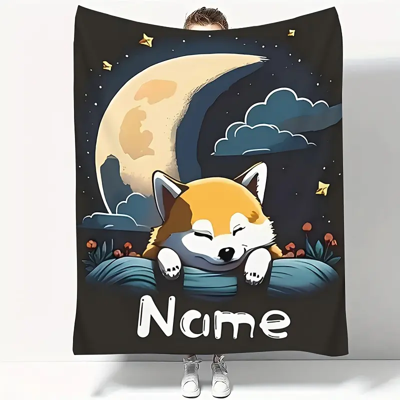 Personalized Animal Print Polyester Throw Blanket - Customizable Name, Hypoallergenic Fabric, Durable, Machine Washable, Modern Style, All Seasons, Shiba Inu & Moon Design, Tear Resistant, Digital Print - Ideal for Bed, Couch, Animals