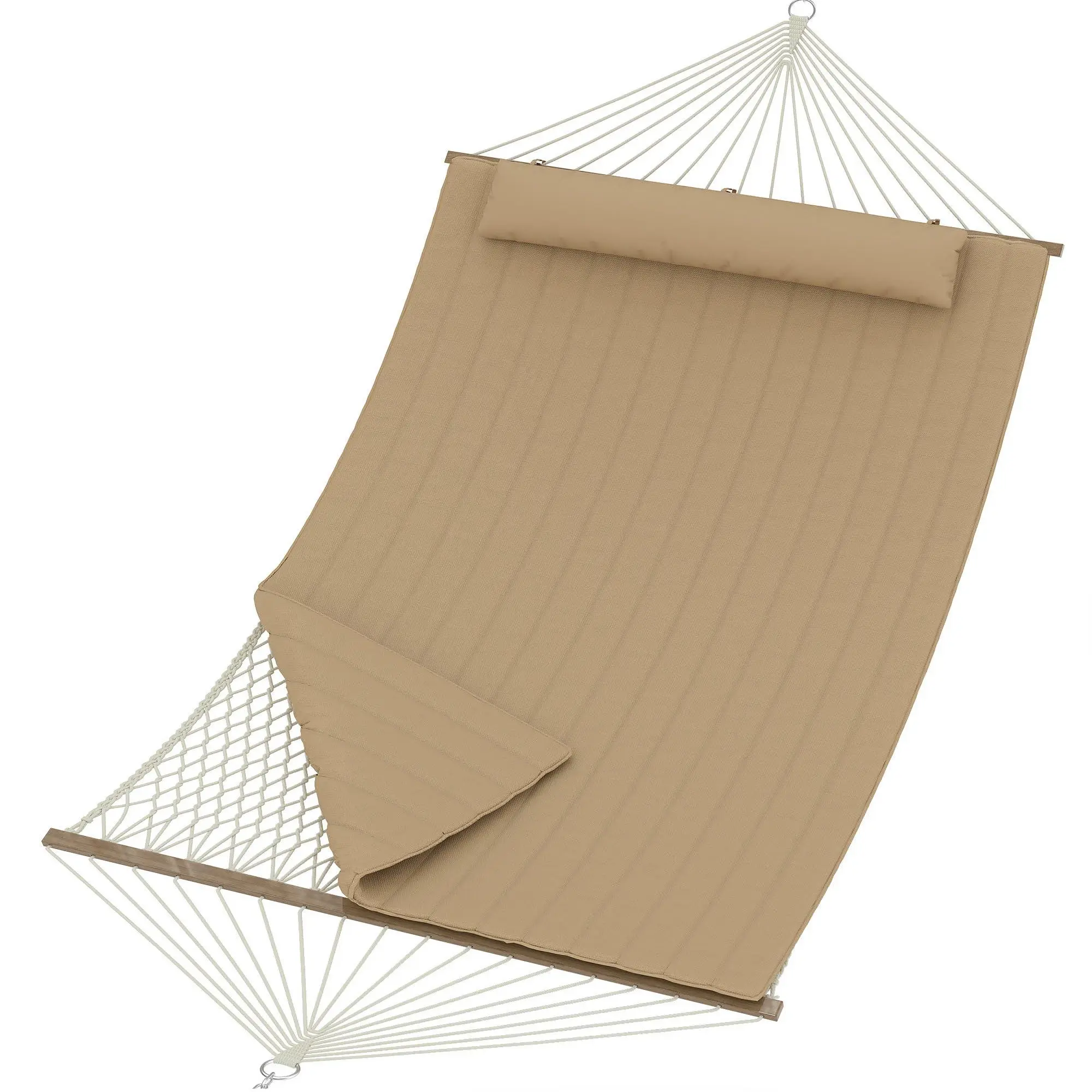 Double Hammock, 12FT Quilted Outdoor Swing Bed for 2 People, Removable Ergonomic Pillow, Heavy Duty 450 Lbs for Patio, Garden, Backyard,Brown