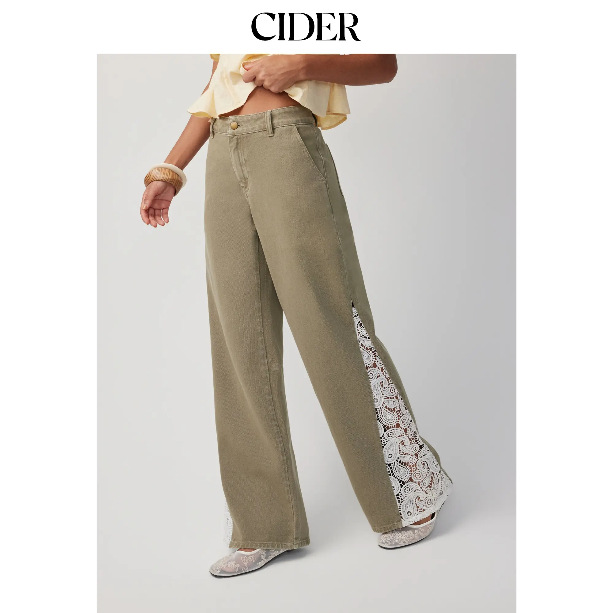 Cider Washed Denim Low Rise Lace Panel Oversized Jeans