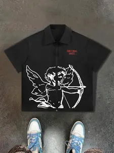 Unisex Men's Angel Print Short Sleeve Polo Shirt, Loose Casual Comfy Top for Daily Outdoor Wear, Men Clothes for Summer