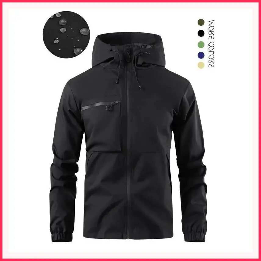 Men's Solid Pocket Drawstring Zip Up Hooded Waterproof Jacket, Regular Fit Casual Long Sleeve Windproof Jacket for Fall Winter, Men's Outerwear for Outdoor Activities Technical JacketGift
