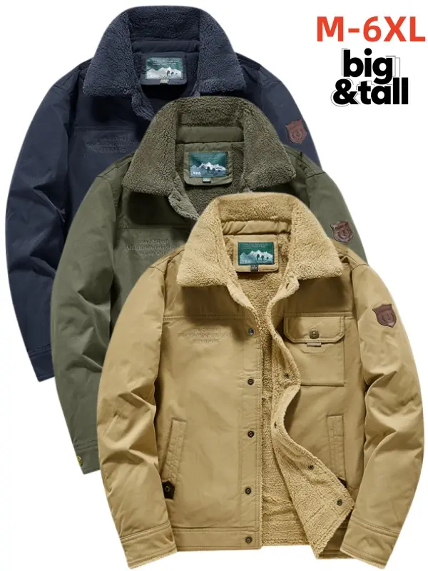 Men's Sherpa Fleece Collar Canvas Trucker Jacket, Button Down Warm Lined Military Style Outerwear, Vintage Outdoor Work Coat With Arm Badge For Mature Men Hiking Camping Casual Adventure Outfits