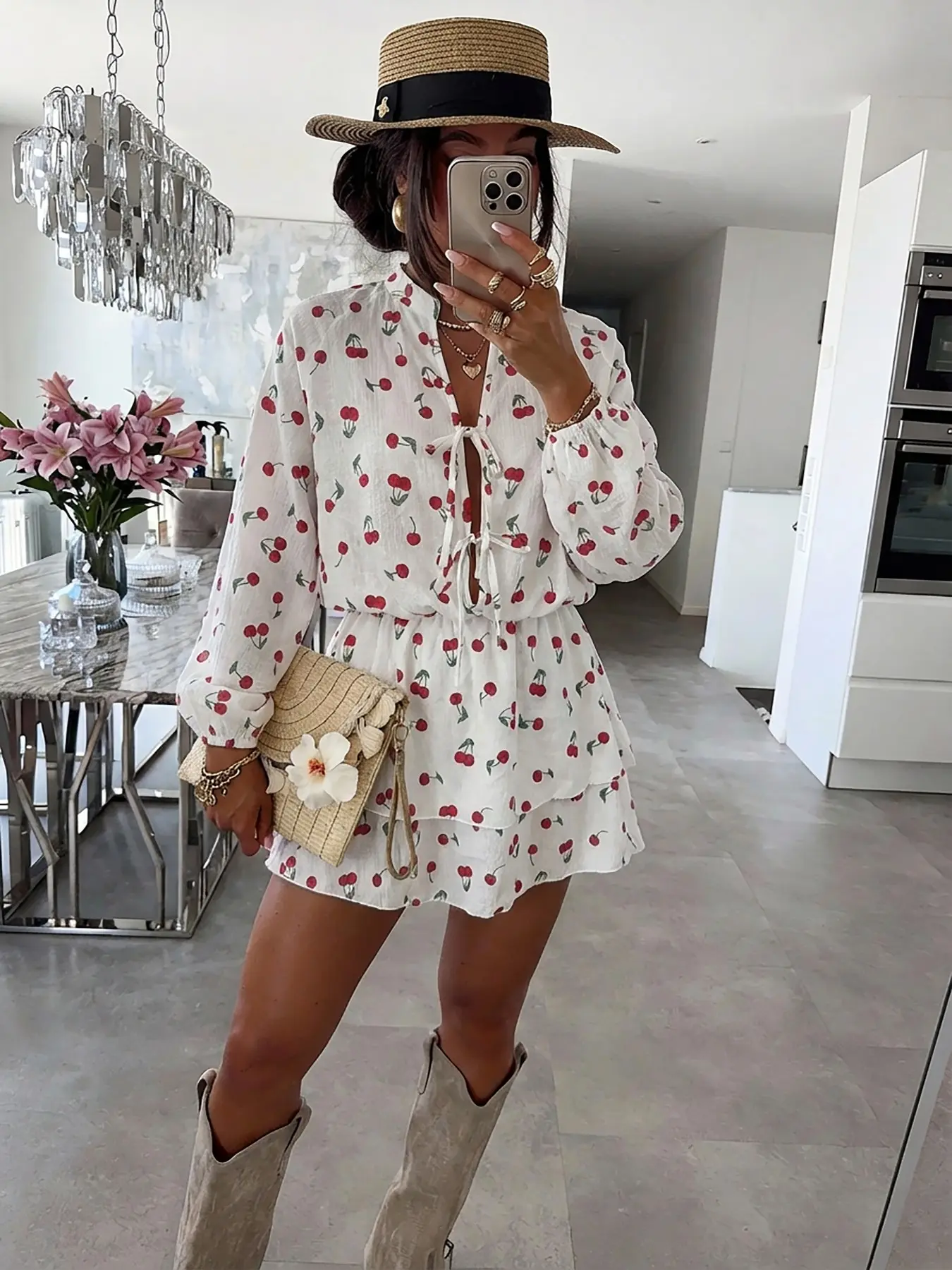Women's Fashion Cherry Print Loose Dress, Womenswear Versatile Bohemian Style, Perfect for Vacation & Casual Wear, Outerwear Suitable