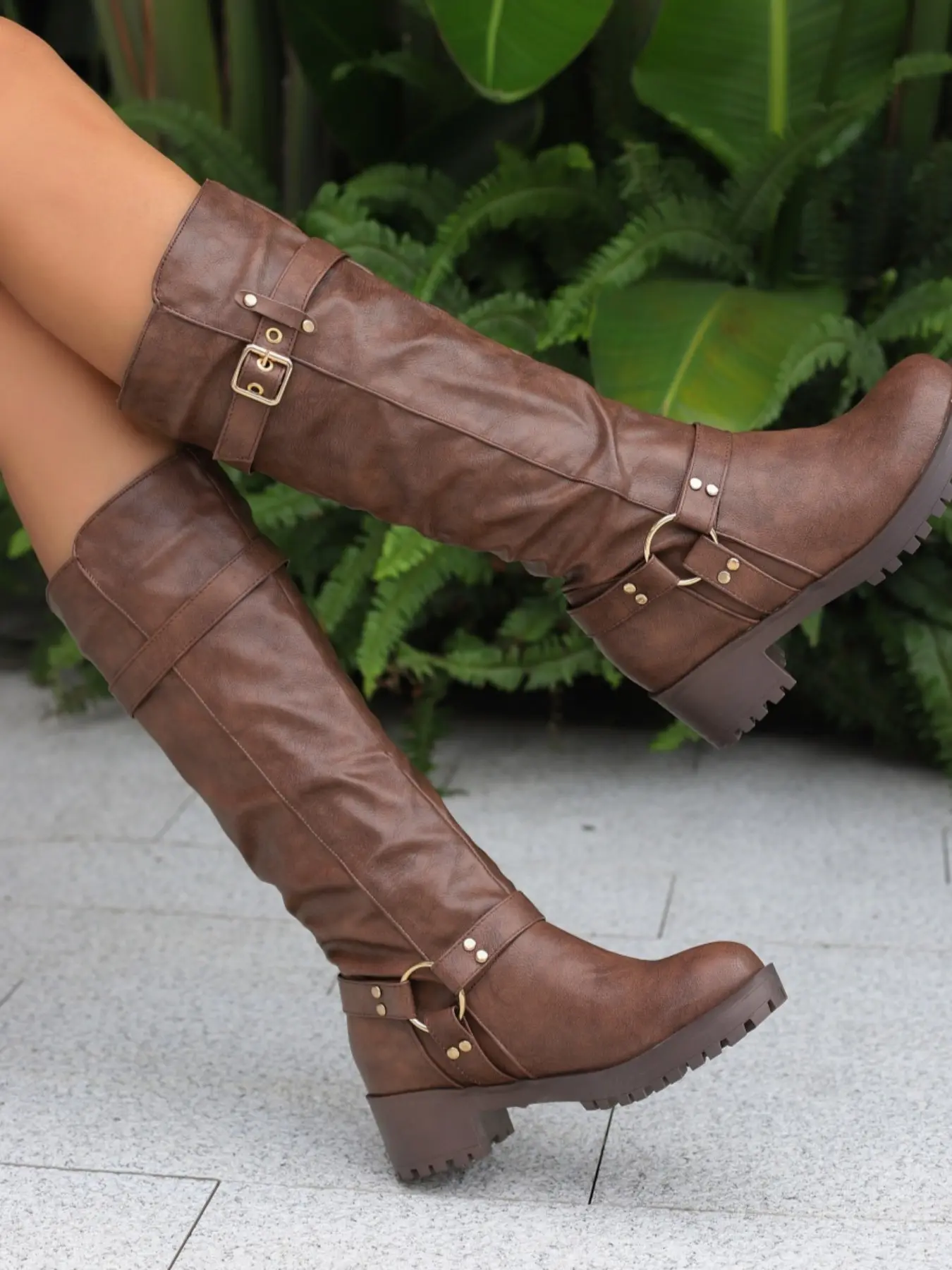 Autumn Winter New Round Toe Thick Heel Zipper Pleated Buckle Mid-Calf Thick Heeled Pu Leather Boots, Versatile British Style Outdoor Motorcycle Boots, Trendy Boots
