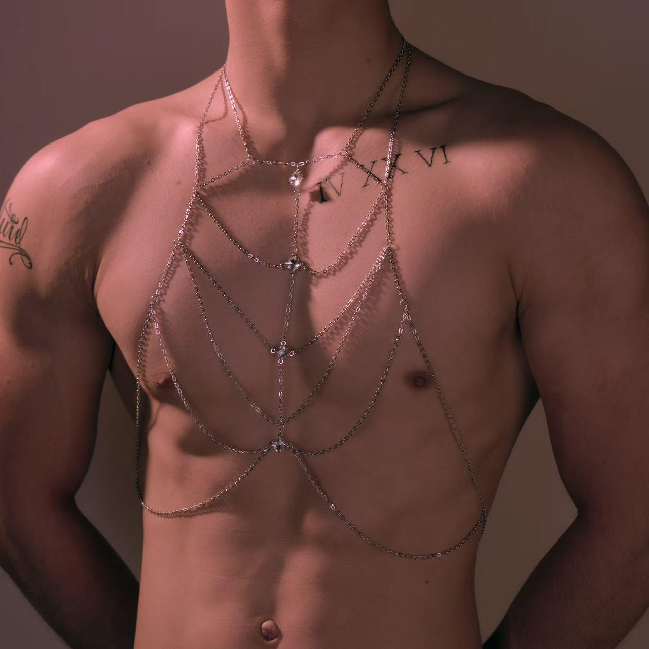 Men's Polished Metal Alloy Body Chain Harness - Adjustable, High-Shine, Resists Tarnishing, Sexy Look Men's Body Jewelry for Parties, Special Occasions, Male