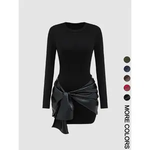 Women's patchwork knotted side ruched long-sleeved mini dress Basic Casual Wear