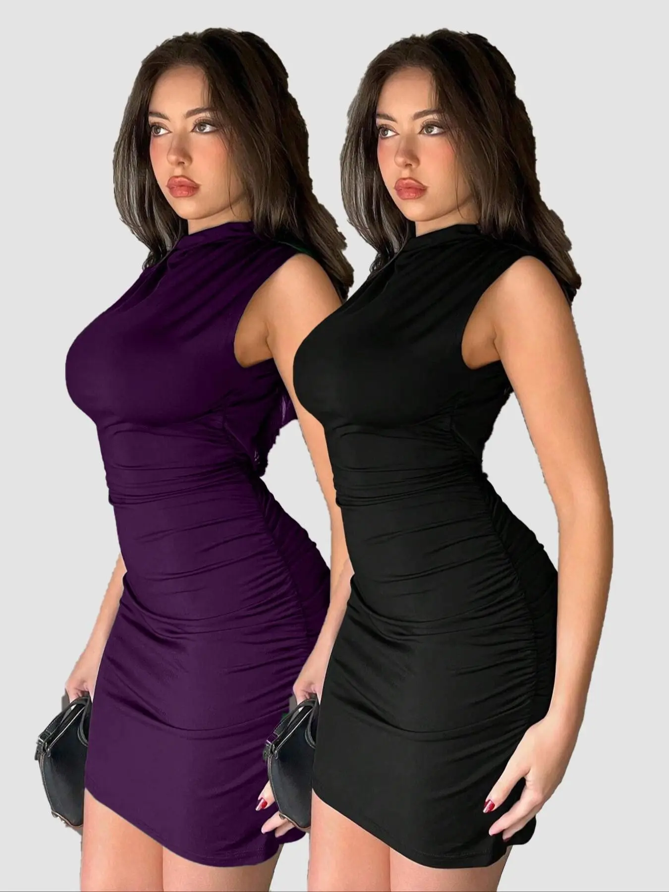 Elegant Women's Solid Color Half High Neck Sleeveless Slimming Fit Ruched Bodycon Dress Two Piece Set, Formal Wear, Elegant Fashion Chic, Stylish, Chic and Comfortable, Womenswear