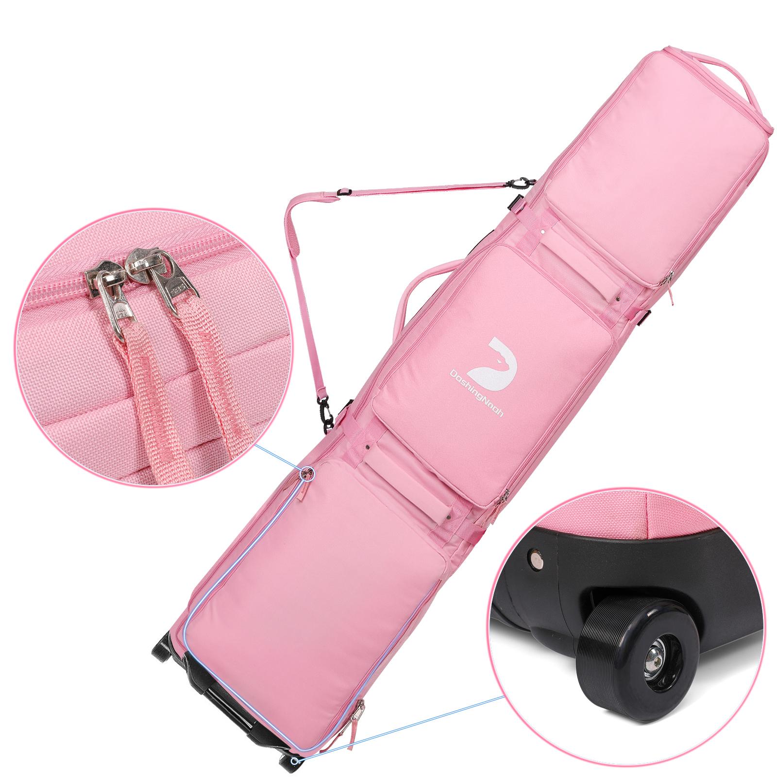 Rolling Ski Bags with Wheel, 155cm-175cm Padded Waterproof Snowboard Bag for Air Travel, Fits Single Ski & Skis with 3 Separation Storage, Unisex Adjustable Length, Pink