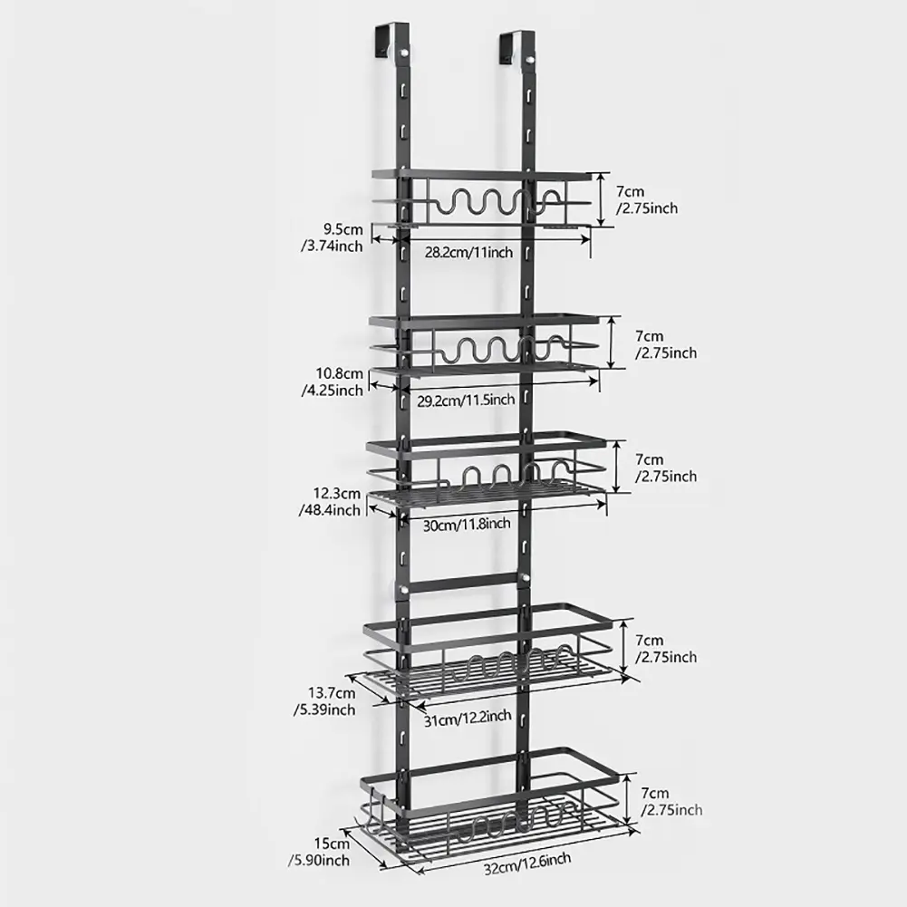 Gaomon 5-Tier Multifunctional Heavy-Duty Metal Over-The-Door Pantry Organizer, Rust-Resistant Narrow Storage Rack with Spice Holder for Home Kitchen (Wall-Mountable Option)