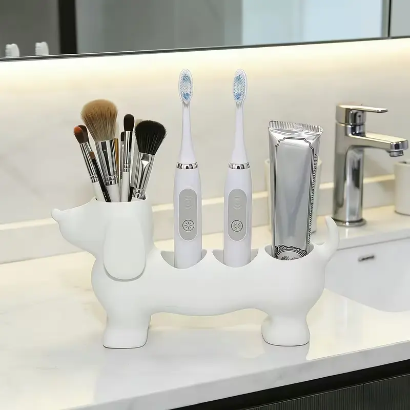 Cute Sausage Dog PLA 3D Printed Toothbrush Holder Stand, Creative Bathroom Countertop Organizer For Toothbrushes And Toothpaste, Stylish Household Vanity Storage Accessory