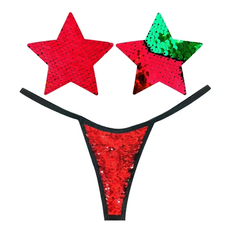 HO HO HO Christmas Red & Green Flip Sequin Pastie and Pantie Lingerie Set