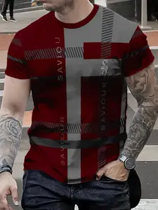 Men's Fashion Casual Plaid T-Shirt, 100% Polyester, Round Neck, All Seasons Wear, Fitted Style