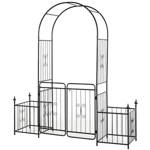 Outsunny 86" Garden Arch Arbor, Metal Arch Trellis with Gate and Planter Baskets, Garden Archway for Climbing Vines, Wedding Ceremony Decoration, Flourishes & Arrow Tips, Black