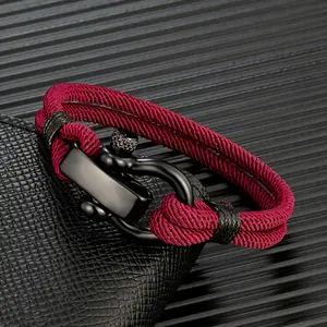 Men Black Stainless Steel Shackle Buckle Survival Bracelet Outdoor Camping Rescue Emergency Shackle Rope Bracelet Gifts