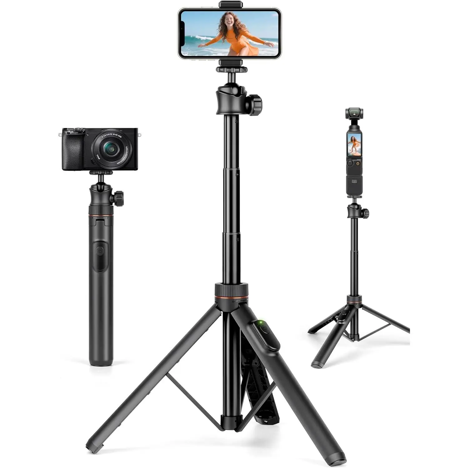 64" Extendable Tripod Selfie Stick with Remote, Portable Camera Equipment with 360° Ball Head and Phone Mount for Travel, DSLR, DJI, Smartphone, Cellphone, Vlogging Kit, Accessories, 64 In