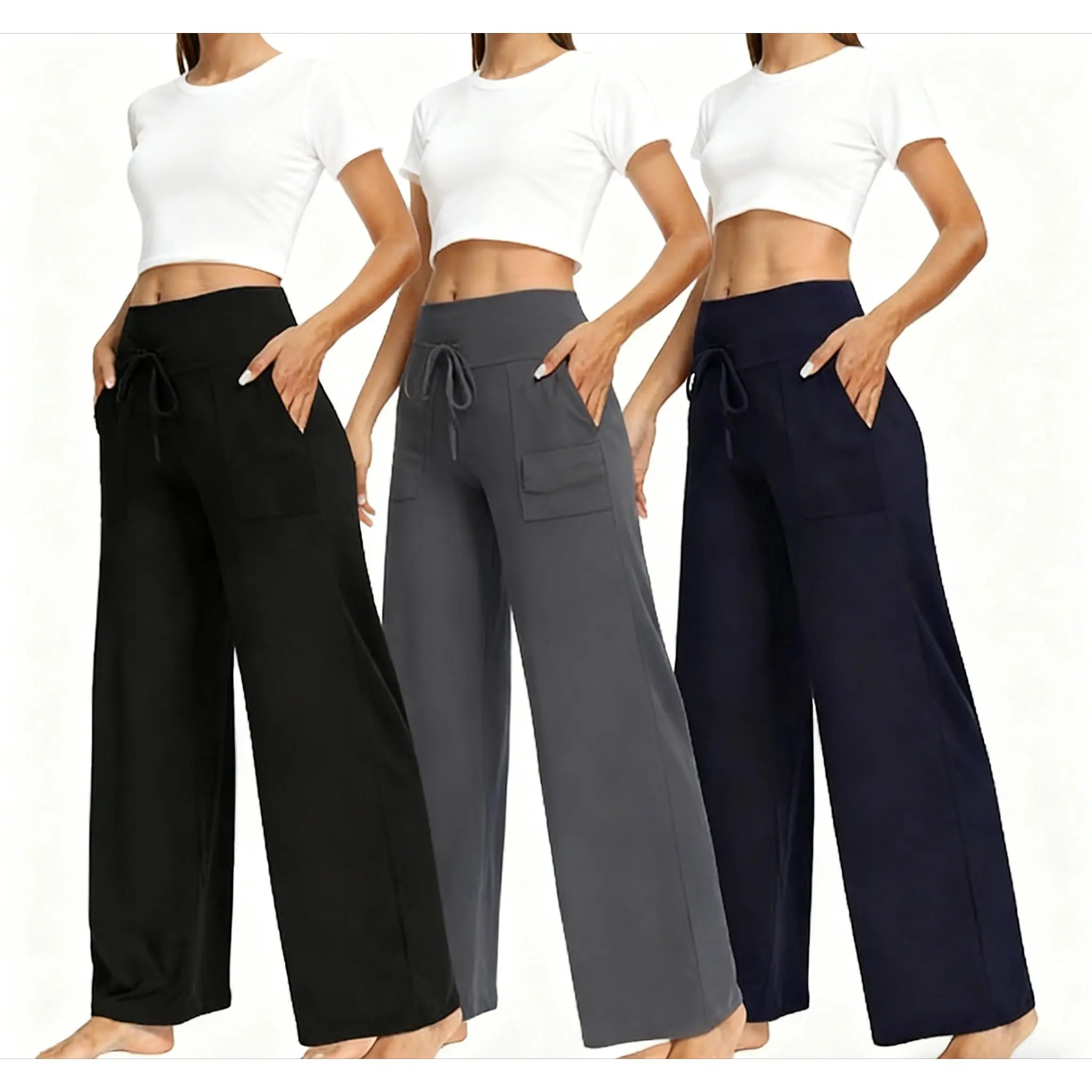 3 Pack Women's Wide Leg Pants with Pockets - Casual Loose Yoga Trouser Pants Sweatpants Palazzo Lounge Pajama Pants | Best Seller Cloud-Like Comfort High Waist Flowy Pants | Viral TikTok Style for School, Work & Weekend