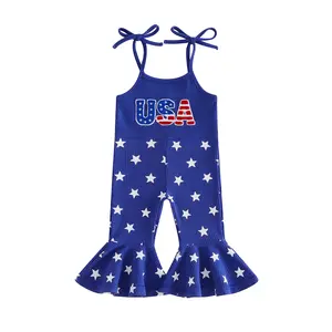 4th Fourth Of July Toddler Girl Outfit USA Romper Spaghetti Strap Bell Bottoms Jumpsuit Red White And Blue Outfits