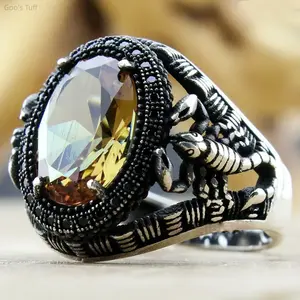 Statement Ring Vintage Scorpion Zircon Ring Trendy Gothic Punk Unisex Jewelry Premium Silver Tone Oval Citrine Color Gem Ring Anti-allergy Comfort Fit Retro Accessory For Daily Dating Club Party Birthday Gift