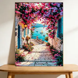 5D Diamond Painting Kit: Coastal Flower Alley Landscape Embroidery Diamond Art – Stress-Relieving, Therapeutic, Floral Sea, Vacation-Themed Decorative Painting, Colorful DIY Rhinestone Painting Set, Home Decor