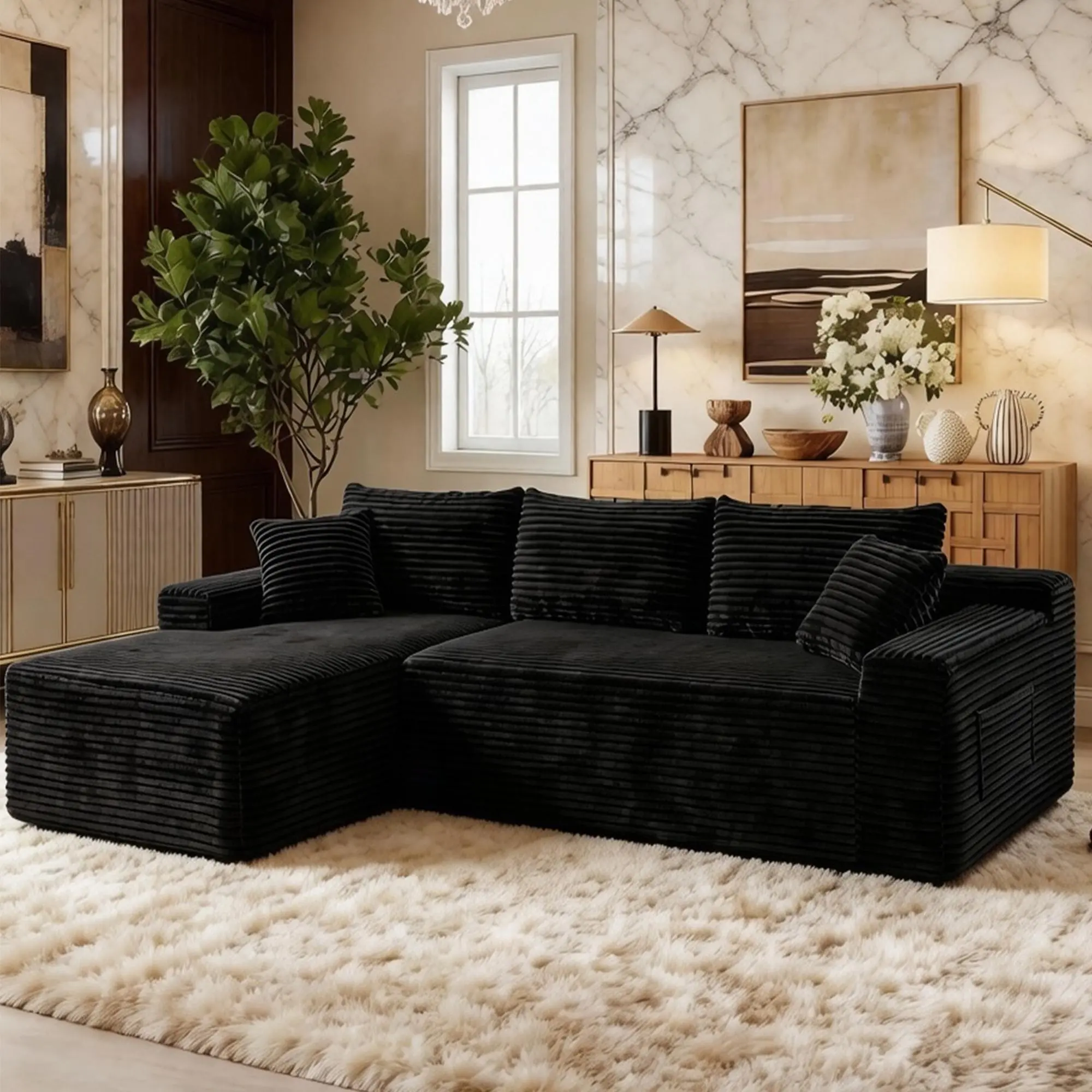 95" Sectional Couch Modular Sofa Boneless Couches with Chaise Lounge, Plush Corduroy Boneless Corner Sofa for Living Room, No Assembly Required
