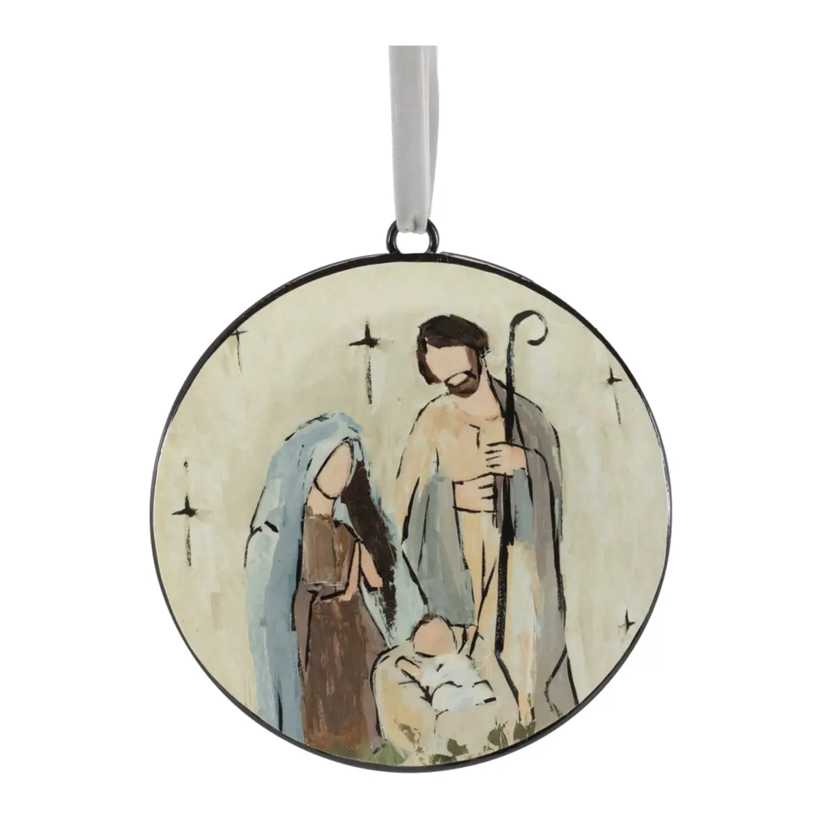 212 MAIN 6 in. Metal Iron Religious Modern Nativity Holy Family Disc Ornaments, Beige/Brown/Blue, Set of 12, Hangable Christmas Tree Decorations with Ribbon Hangers, Christmas Home Gift, Holiday