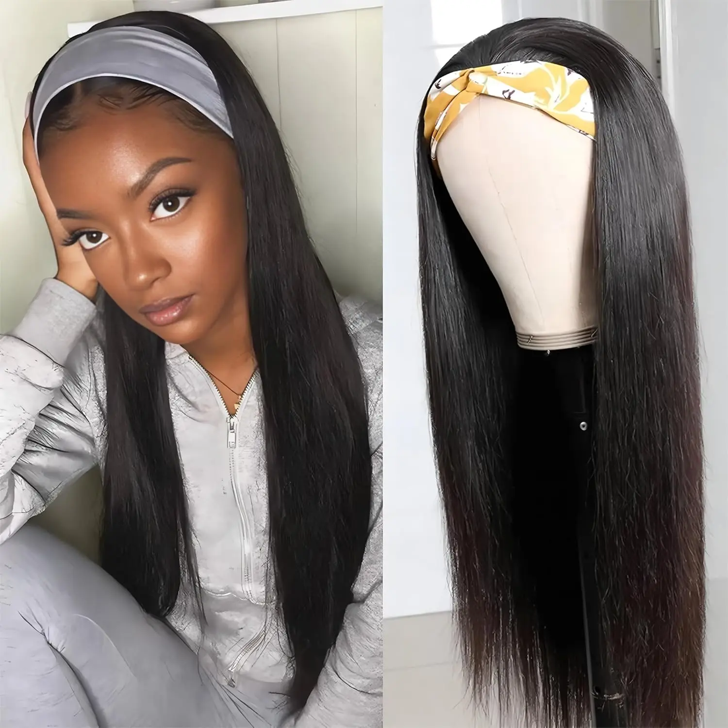 MYLOCKME 180 Density Easy To Wear Straight Headband Wig Human Hair Glueless Wigs For Black Women Full Machine Made Wigs Natural Black Color