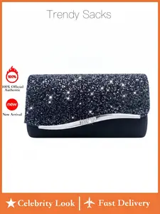 Glitter Evening Clutch, Bling Glam Dual-Texture Party Purse, Silver Color Rhinestone Trim, Perfect Gift for Her, Wedding & Cocktail Nights