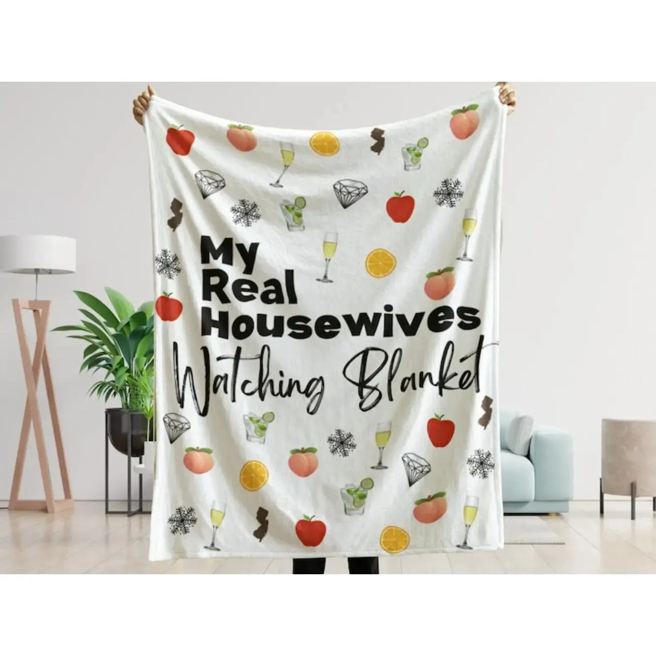 Real Housewives Print Velveteen Microfibre Throw Blanket - Unisex, All Seasons, Single Layered, Wrinkle Resistant, Fade Resistant, Machine Washable, Portable, Ultra Soft - Bravo TV Fan Gift - RHONY RHONJ RHOC RHOBH Pop Culture Meme Couch Bed Decor