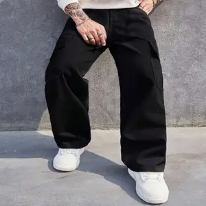 Men's Black Cargo Jeans - Cotton-Blend Loose Fit with Vertical Pockets, Water-Washed Denim Texture, Foldable Four-Season Design for Coffee Shop & Christmas Market Style, Retro Boots Pairing, Style Pants | Boot
