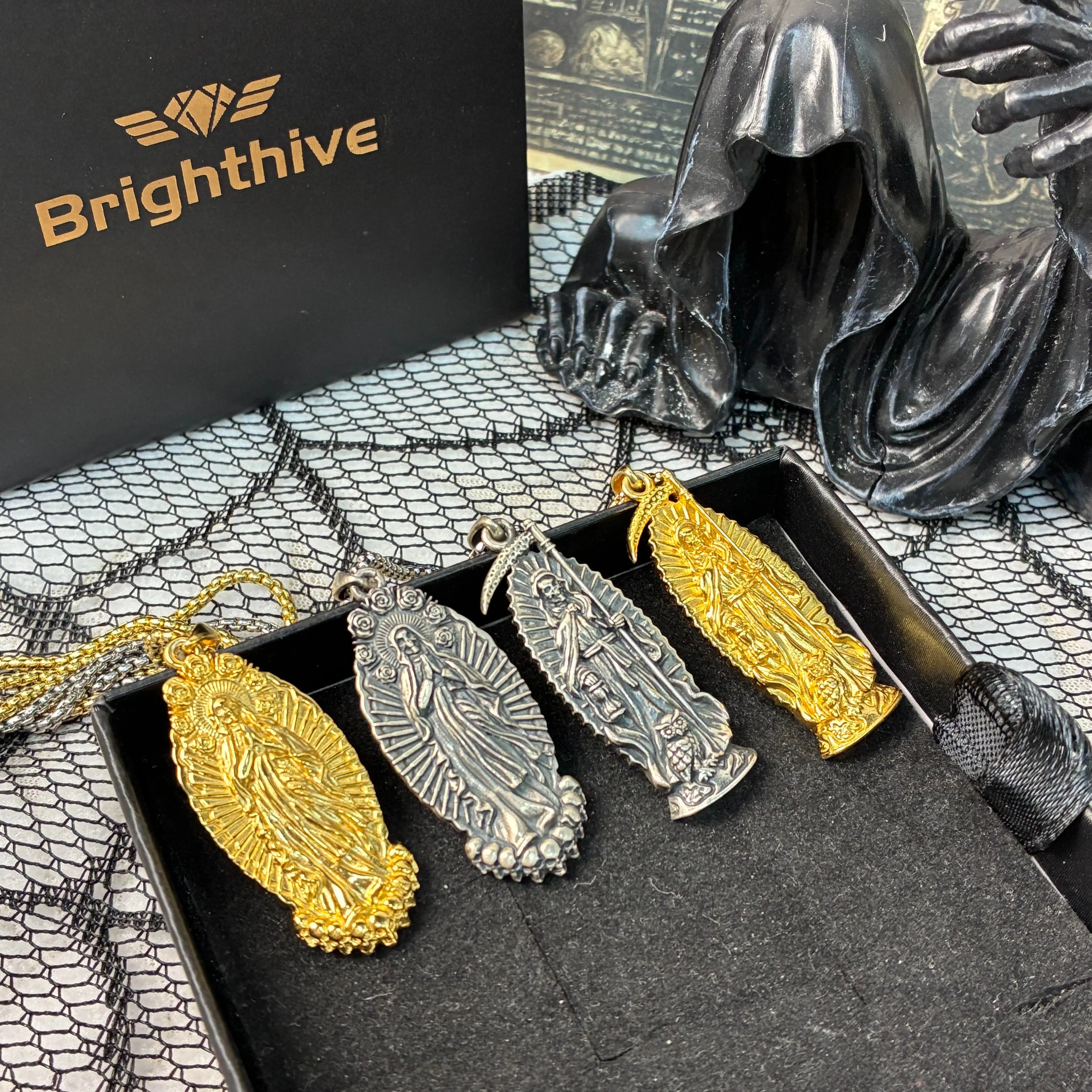 Brighthive La Santa Muerte necklace 18k gold-plated 925 sterling silver pendant skull jewelry Death God necklace amulet skull owl death necklace for men and women gift