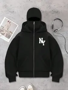 Unisex design. New York functional style full-zip hooded sweatshirt jacket. Oversized streetwear style. Essential for spring and autumn fashion. Simple “NY” pattern print. Must-have for trendsetters and urban style enthusiasts.