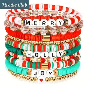 Women's 10-Pack Christmas Festive Polymer Clay Heishi Bead Stretch Wristbands, Lightweight Colorful Sports Accessories with Inspirational Message Charms, Holiday Party Favors & Gift Giving Jewelry