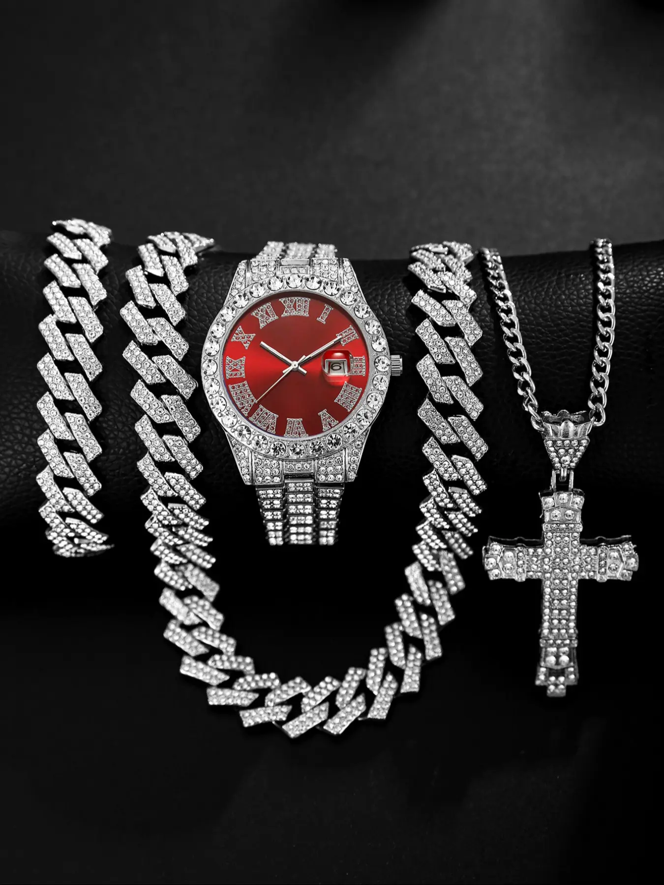 Men's Quartz Watch Set with Punk Cuban Chain Necklace & Bracelet, Men Jewelry, Multiple Colors, Perfect Gift for Daily Wear, Holidays, Back-To-School, Jewelry Sets