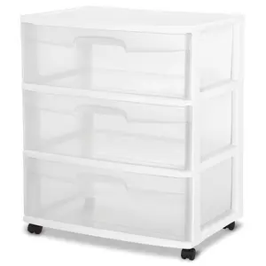 Sterilite Wide 3 Drawer Cart White: Clear Drawers, Easy Pull Out Handles, Portable Storage