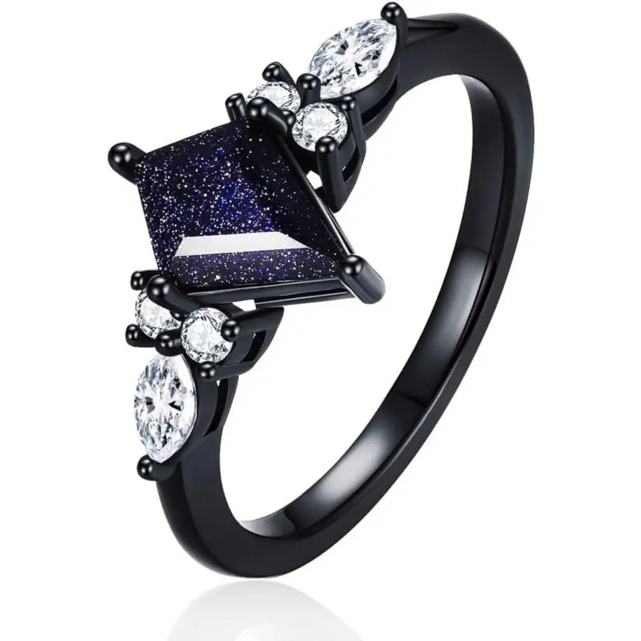 Promise Rings for Her - Black Rings for Women Engagement Rings with Kite Cut Shaped Blue Sandstone Plated with Rhodium Matching Rings for Couples Wedding Bands for Hers engagement ring 1 count