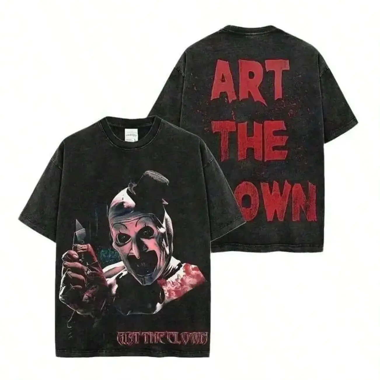 Men's Acid Washed 100% Pure Cotton Terrifier Art The Clown Graphic Oversized Crew Neck Short Sleeve Halloween T Shirts - Soft Horror Streetwear Top for Party, Daily Wear N5Q