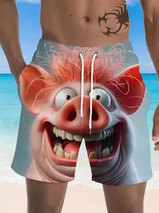 Summer Men's Quick-Dry Beach Shorts, Funny Pig Head 3D Print, Loose Fit Drawstring Half-Length Casual Vacation Shorts