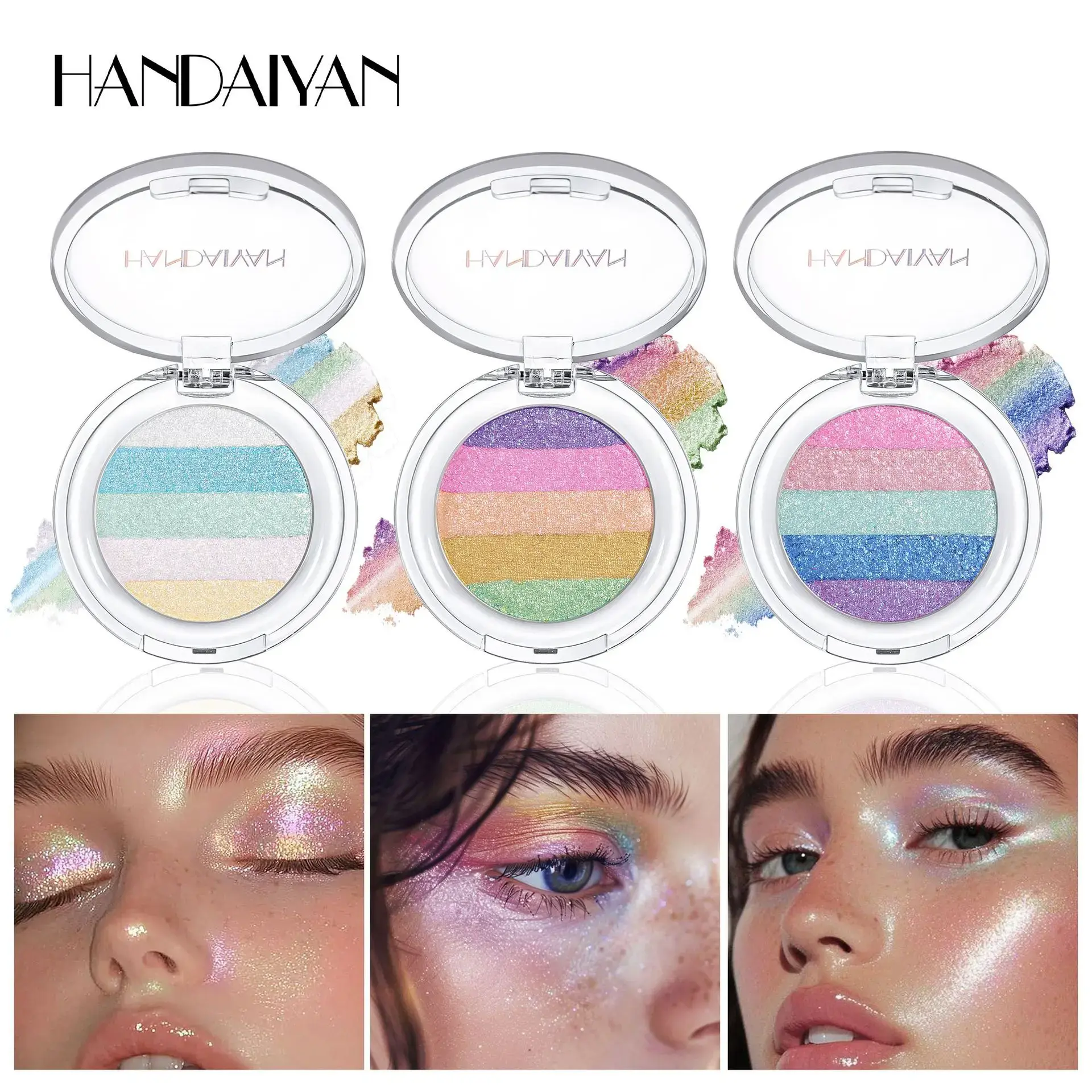 3PCS Chameleon Face Highlighter Palette-Multichrome Glitter Shimmer Rainbow Eyeshadow Makeup, Holographic Metallic Long Lasting Eye Looks, Multi-Dimensional Inner Corner Face Illuminator
