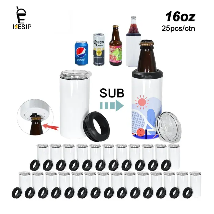 Icesip 16 oz Insulated Stainless Steel & Plastic 4 In 1 Cooler Can Tumbler Cups with Straw, Bottle Opener (25 Pieces/Carton) – Cold Beverage Holder for Custom Gifts and Events