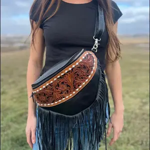 Tooled fringe sling bum bag