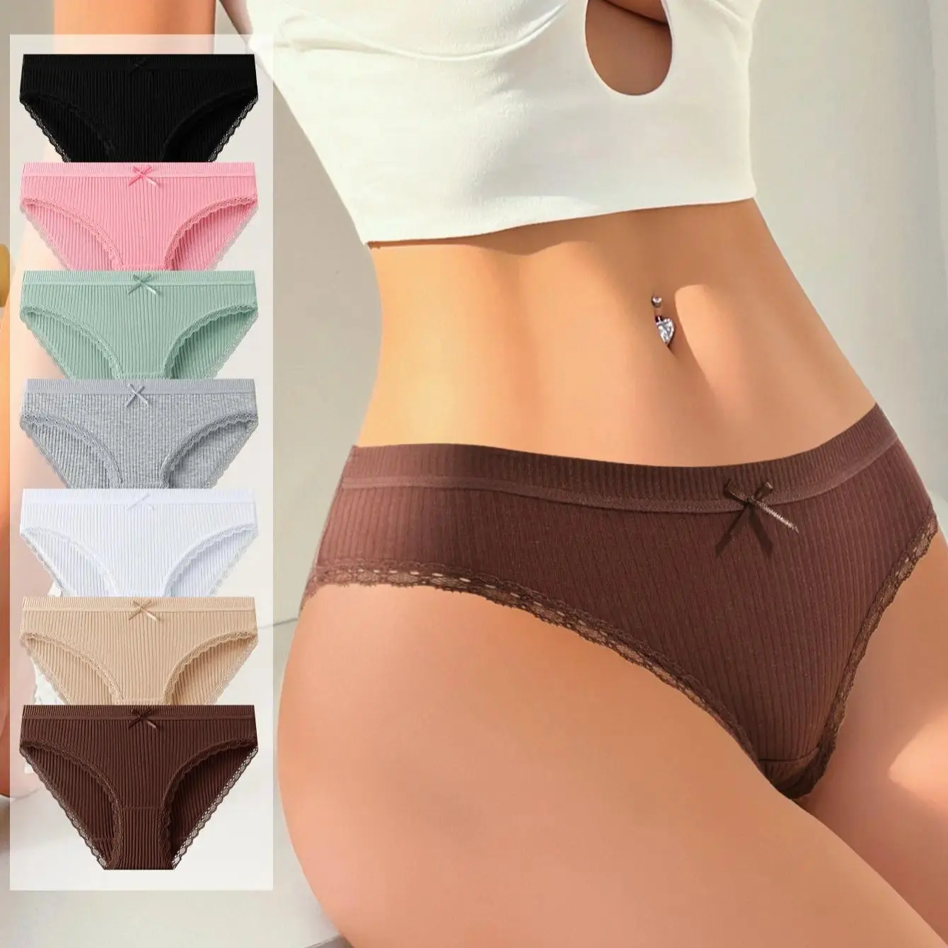 Women's 7-Pack Cotton Blend Basic Panty Set - Cotton Underwear with Lace Trim, Soft Spandex, Breathable Elastic, Casual Elegant Knickers, Mixed Colors, Funky, Peppy, Lacy, Plain