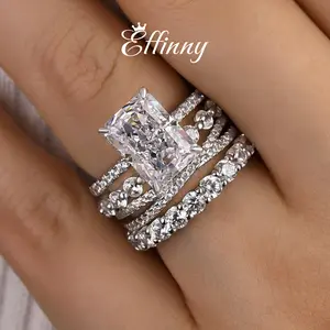 Effinny Jewelry 4.0ct Radiant Cut Stackable Wedding Ring Set,925 Sterling Silver Engagement Ring Set, 5A Cubic Zirconia Bridal Ring Set for Daily,Travel