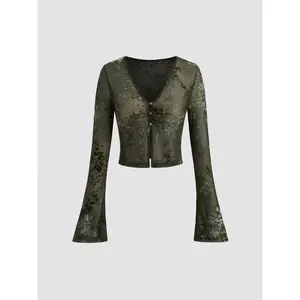 Cider [size 0-26] V-neck Floral See-through Cropped Bell Sleeve Blouse