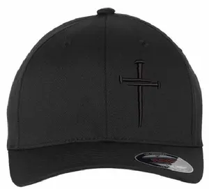 Christian Hats for Men Women Jesus 3 Nail Cross Hat Premium FLEX FIT BLACK/BLACK HAT with a Free 4" Decal