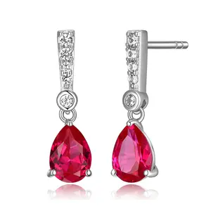 LuxLab Grown Ruby & Diamond Drop Earrings, Ster ling Silver