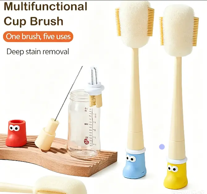 5-in-1 Bottle Brush Cleaner - Compact 5-in-1 Cleaning Tool with Ergonomic Handle, Soft Silicone No-Scratch Bristles for Tight Access, Travel Mugs, Cup Lids (Home Kitchen Cleaning Brush Supplies)
