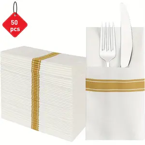 Flat cutlery storage Disposable Linen Feel Napkins,  Flatware Pocket, Decorative Wedding Napkins, Folded Cloth Like Party Napkin, Soft, Strong, Absorbent, and Pre-folded, 50 Pack, Gold Print