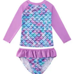 L.W. Clothing Company Girls' Mermaid Rash Guard Swimsuit with Long Sleeve Top & Ruffle Bottoms UPF 50 Ultra Comfortable Fit Mermaid Print Design Swimwear Set